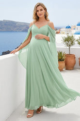 A-Line/Princess Cold Shoulder Ruched Floor-Length Maternity Bridesmaid Dresses with Ruffles & Cape