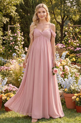 A-Line/Princess Cold Shoulder Sleeveless Floor-Length Maternity Bridesmaid Dresses With Pleats