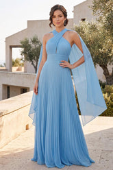 A-Line/Princess Halter Keyhole Sleeveless Long Bridesmaid Dresses with Cape & Pleated