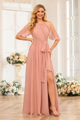 A-Line/Princess Halter Long Wedding Party Dresses with Split Side & Sash