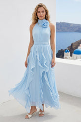 A-Line/Princess Halter Sleeveless Asymmetrical Bridesmaid Dresses With Ruffles & 3D Floral
