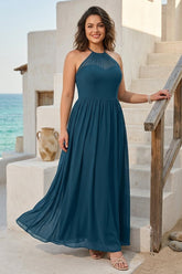 A-Line/Princess Halter Sleeveless Floor-Length Chiffon Ruched Plus Size Bridesmaid Dresses