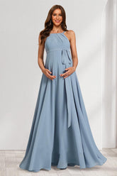 A-Line/Princess Halter Sleeveless Floor-Length Maternity Bridesmaid Dresses with Bow & Pleats