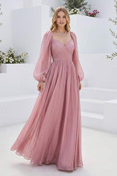 A-Line/Princess Long Sleeves Sweetheart Floor Length Bridesmaid Dresses with Pleats & Ruched