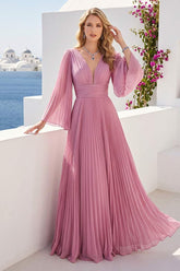 A-Line/Princess Long Sleeves V-Neck Floor Length Bridesmaid Dresses with Pleats