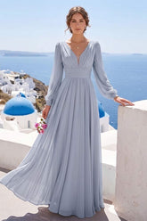 A-Line/Princess Long Sleeves V-Neck Floor Length Bridesmaid Dresses with Ruched