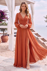 A-Line/Princess Long Sleeves V-Neck Floor Length Bridesmaid Dresses with Split Side