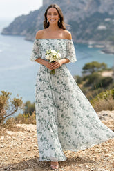A-Line/Princess Off-the-Shoulder Half Sleeves Floor-Length Bridesmaid Dresses with Pleats