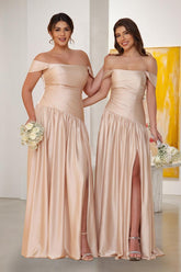 A-Line/Princess Off-the-Shoulder Ruched Long Bridesmaid Dresses With Side Slit & Pleats Peach Pink