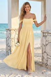 A-Line/Princess Off-the-Shoulder Sleeveless Floor-Length Bridesmaid Dresses With Ruched & Split Side