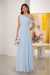 A-Line/Princess One-Shoulder Floor-Length Bridesmaid Dresses With Watteau Train Light Blue
