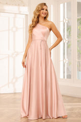 A-Line/Princess One-Shoulder Long Bridesmaid Dresses with Split Side & Sash