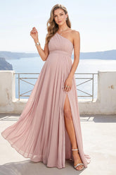 A-Line/Princess One-Shoulder Ruched Chiffon Maternity Bridesmaid Dresses with Split Side & Ruffles
