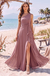 A-Line/Princess One-Shoulder Sleeveless Floor-Length Bridesmaid Dresses With Ruffles & Split Side
