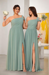 A-Line/Princess One-Shoulder Sleeveless Floor-Length Ruched Bridesmaid Dresses With Side Slit As Picture
