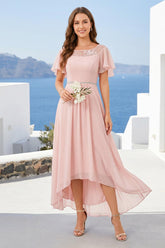 A-Line/Princess Scoop Asymmetrical Bridesmaid Dresses With Ruffles