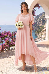 A-Line/Princess Scoop Asymmetrical Bridesmaid Dresses With Ruffles