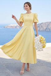 A-Line/Princess Scoop Puff Sleeves Tea-Length Long Bridesmaid Dresses with Ruched
