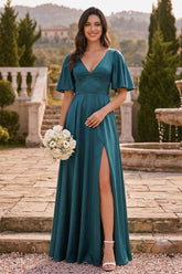 A-Line/Princess Silk Satin V-Neck Floor-Length Bridesmaid Dresses With Split Side