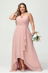 A-Line/Princess Spaghetti Straps Chiffon Ruffles Asymmetrical Plus Size Bridesmaid Dresses with Pockets