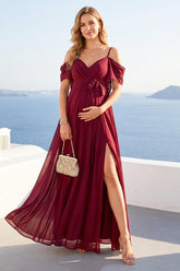 A-Line/Princess Spaghetti Straps Floor-Length Maternity Bridesmaid Dresses with Bow & Pleats
