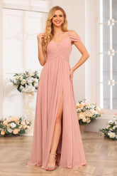 A-Line/Princess Spaghetti Straps Long Wedding Party Dresses with Split Side & Pockets