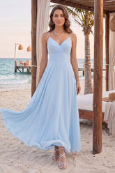 A-Line/Princess Spaghetti Straps Sleeveless Floor-Length Bridesmaid Dresses With Pleats