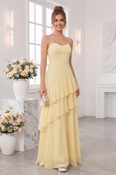 A-Line/Princess Spaghetti Straps Sleeveless Floor-Length Bridesmaid Dresses with Ruffles