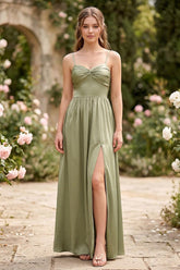 A-Line/Princess Spaghetti Straps Sleeveless Floor-Length Ruched Bridesmaid Dresses with Split Side