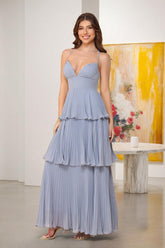 A-Line/Princess Spaghetti Straps Sleeveless Floor-Length Tiered Bridesmaid Dresses With Pleats Lavender