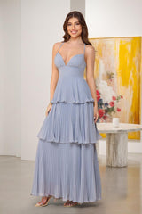 A-Line/Princess Spaghetti Straps Sleeveless Floor-Length Tiered Bridesmaid Dresses With Pleats Lavender