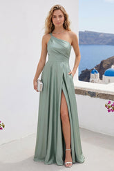 A-Line/Princess Spaghetti Straps Sleeveless Long Ruched Bridesmaid Dresses With Split Side As Picture