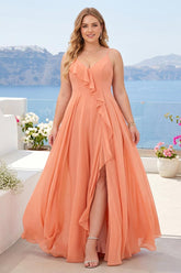 A-Line/Princess Spaghetti Straps V-Neck Long Plus Size Bridesmaid Dresses with Split Side & Ruffles