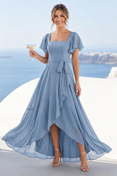 A-Line/Princess Square Neck Short Sleeves Floor-Length Bridesmaid Dresses With Sash & Split Side
