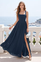 A-Line/Princess Square Neck Sleeveless Floor-Length Bridesmaid Dresses with Split Side & Ruched