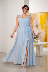 A-Line/Princess Square Neck Sleeveless Plus Size Bridesmaid Dresses With Side Slit & Ruffles Light Blue