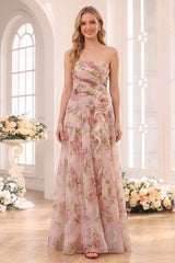 A-Line/Princess Strapless Sleeveless Floor-Length Bridesmaid Dresses with 3D Floral & Ruffles