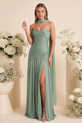 A-Line/Princess Strapless Sleeveless Floor-Length Bridesmaid Dresses with Split Side & Pleats & Scarf
