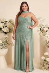 A-Line/Princess Strapless Sleeveless Floor-Length Plus Size Bridesmaid Dresses with Split Side & Pleats & Scarf