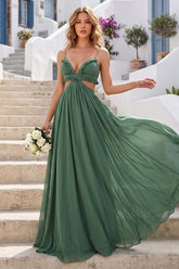 A-Line/Princess Straps V-Neck Side Cutout Bridesmaid Dresses with Ruffles