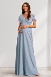 A-Line/Princess V-Neck Flutter Sleeves Maternity Bridesmaid Dresses with Bow & Ruffles