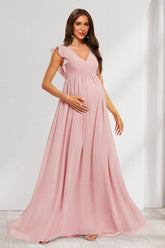 A-Line/Princess V-Neck Flutter Sleeves Ruched Long Maternity Bridesmaid Dresses with Pleats