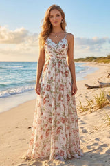 A-Line/Princess V-Neck Long Floral Bridesmaid Dresses with Ruched Red Floral