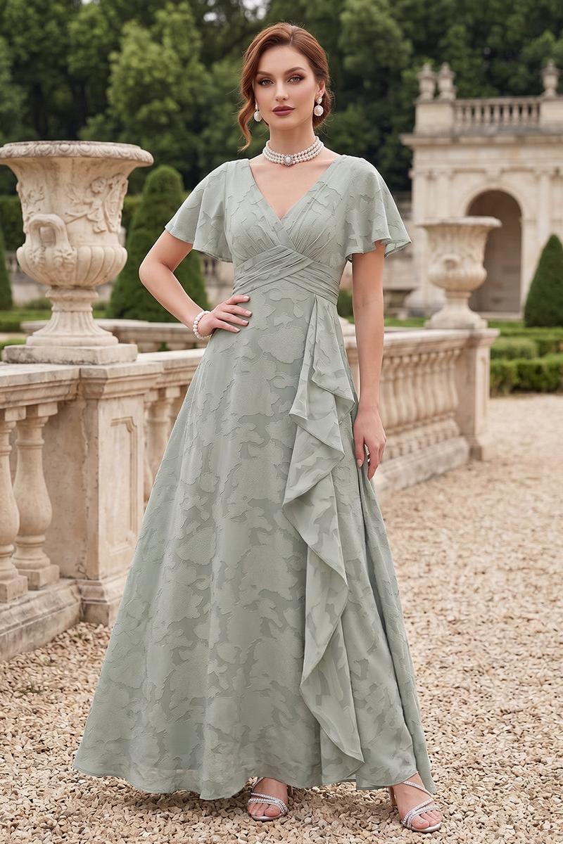 A-Line/Princess V-Neck Long Floral Bridesmaid Dresses with Ruffles Sage