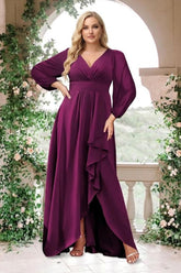 A-Line/Princess V-Neck Long Sleeves Chiffon Ruched Asymmetrical Plus Size Bridesmaid Dresses with Pockets