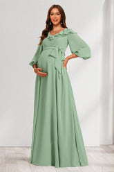 A-Line/Princess V-Neck Long Sleeves Maternity Bridesmaid Dresses with Ruffles & Bow