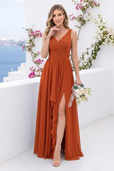 A-Line/Princess V-Neck Long Wedding Party Dresses with Split Side