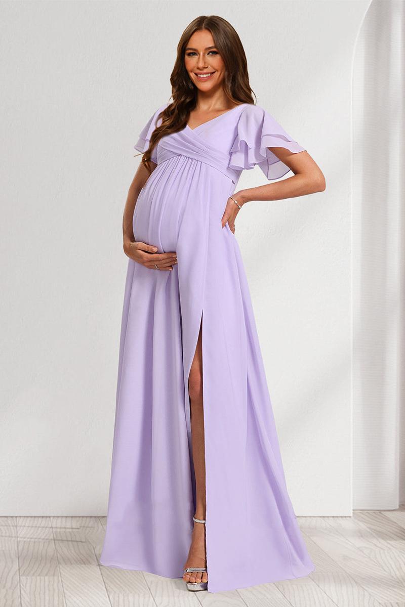A-Line/Princess V-Neck Ruched Chiffon Maternity Bridesmaid Dresses with Pleats & Ruffles