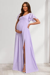 A-Line/Princess V-Neck Ruched Chiffon Maternity Bridesmaid Dresses with Pleats & Ruffles