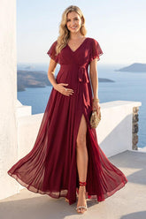 A-Line/Princess V-Neck Ruched Long Maternity Bridesmaid Dresses with Pleats & Split Side